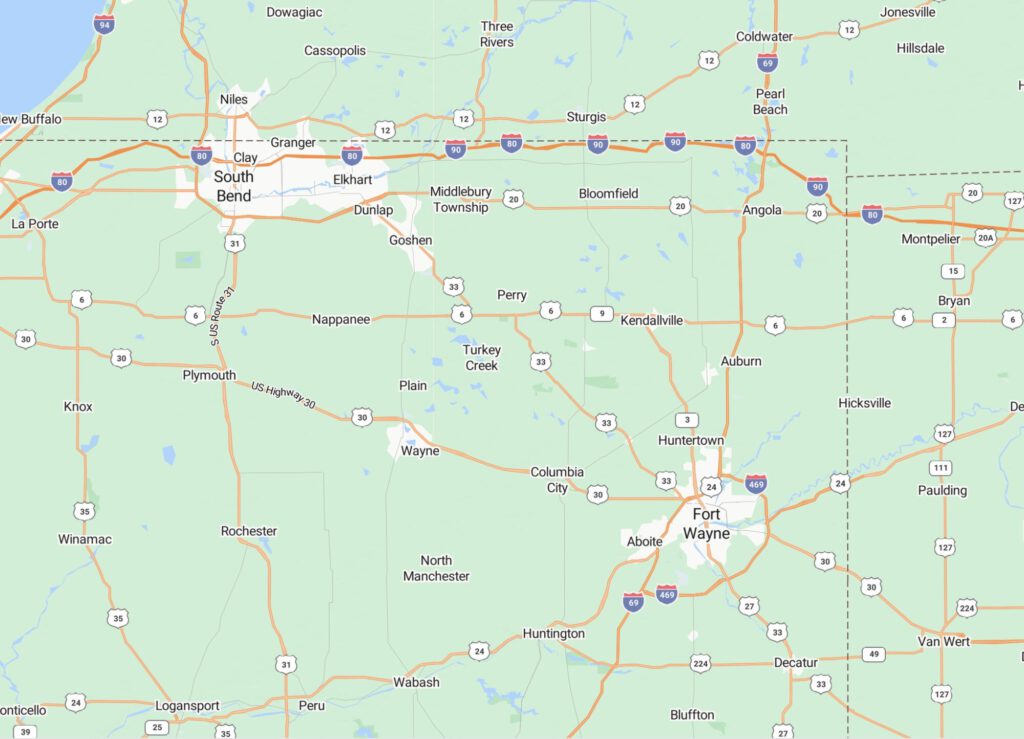 Service area map covering northeast Indiana, lower Michigan, and western Ohio